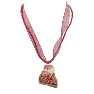 Vintage Red and White Ceramic Shard Pendant Necklace with Sheer Ribbon and Cord